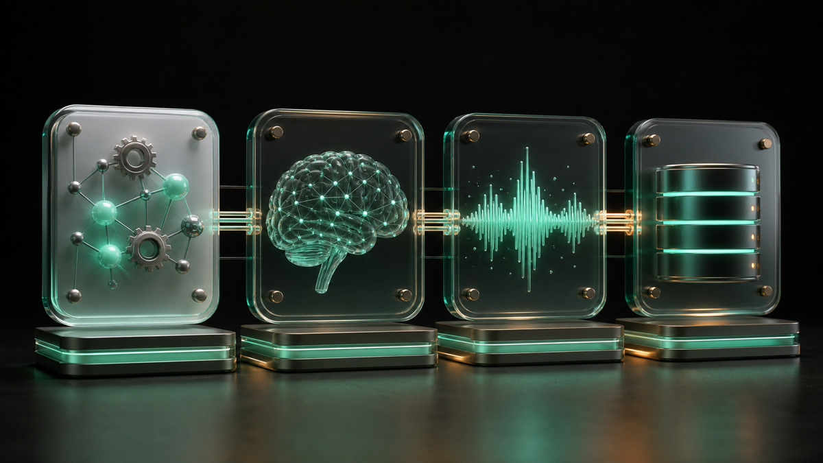 An AI agency tool stack connecting automation, models, voice, and data