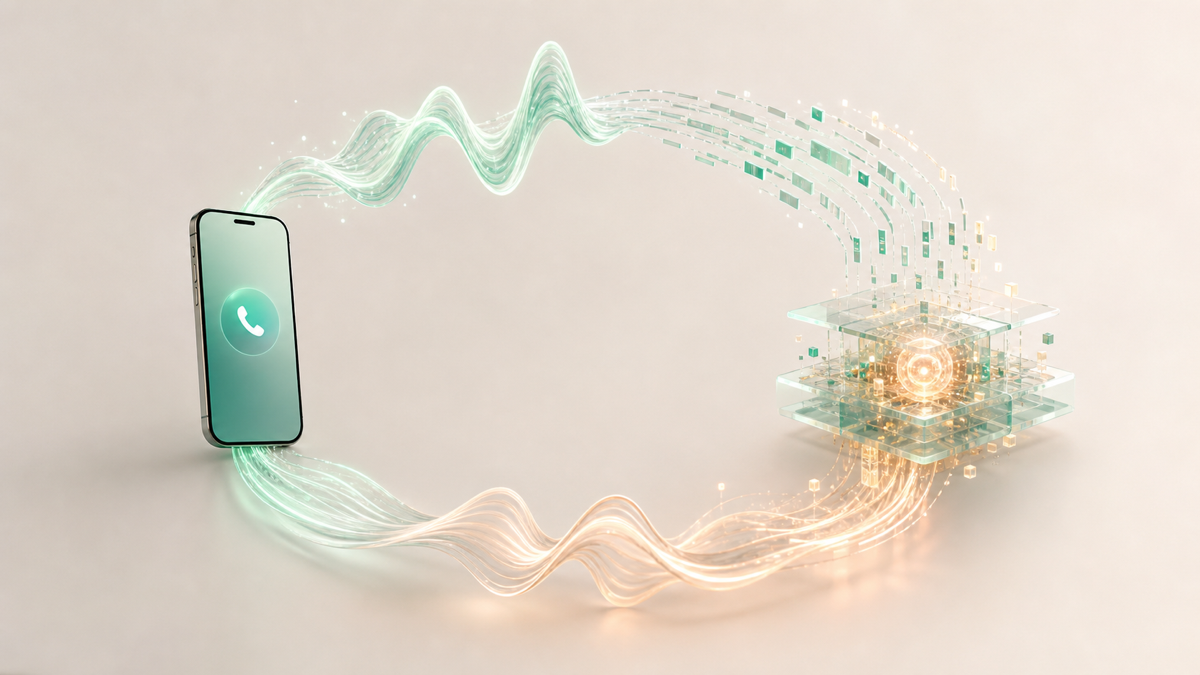 Concept illustration of a phone exchanging audio with an AI system