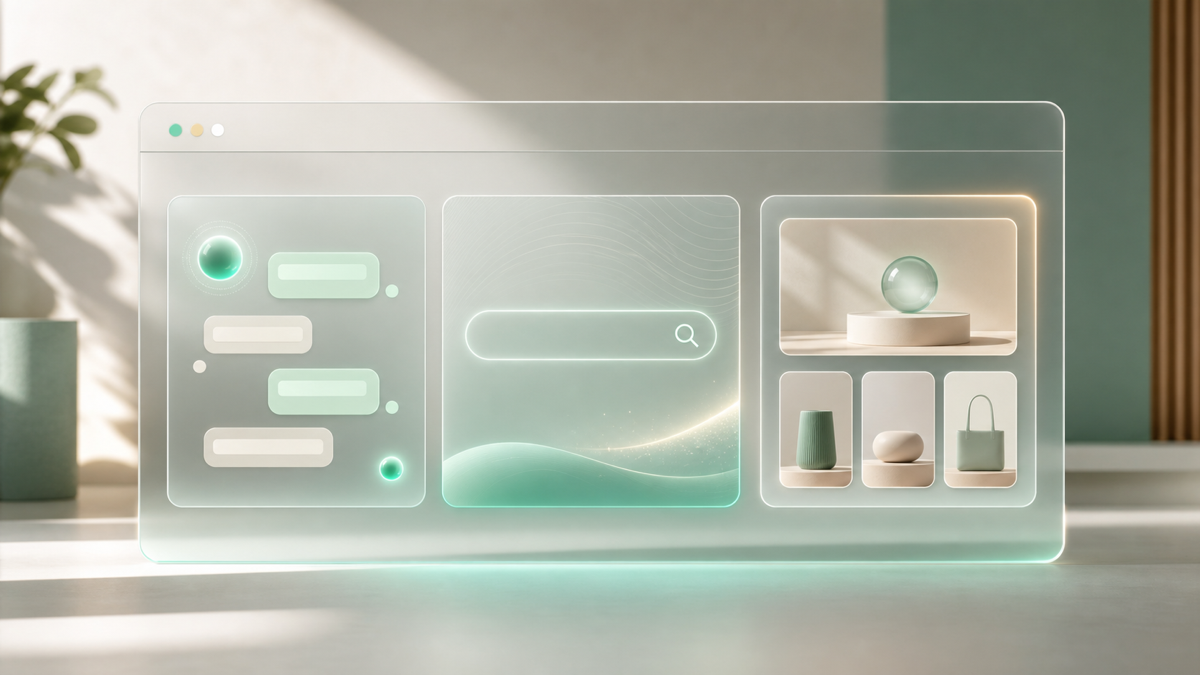 A website interface showing an AI chatbot, smart search bar, and recommendation panel working together