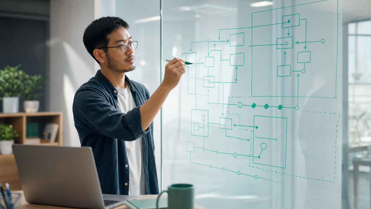 An engineer mapping an unfamiliar application's architecture from its code and git history onto a diagram