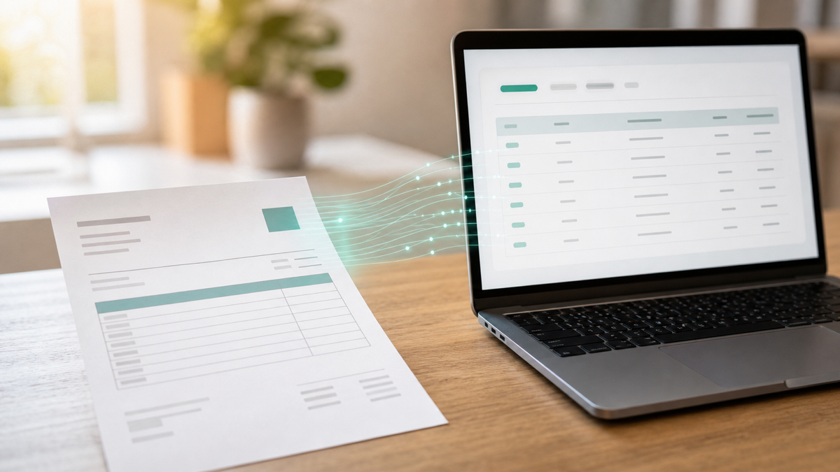 An invoice being read and its fields flowing into an accounting dashboard