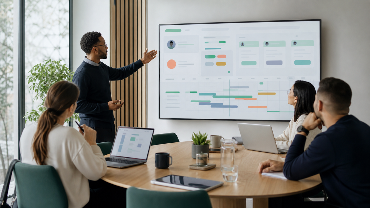 A team lead reviewing engineer profiles and a project roadmap on a shared screen