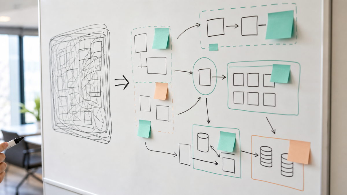 A migration plan on a whiteboard showing an old system gradually replaced module by module