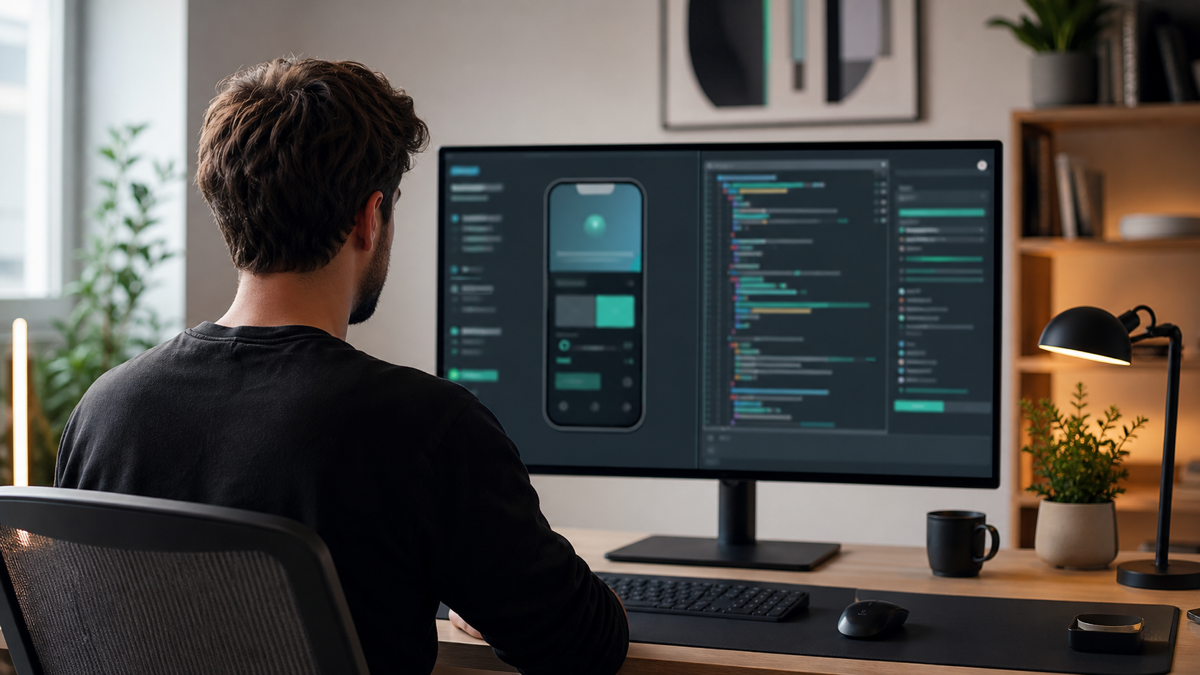 A founder watching an app being generated from a text prompt, with code and a live preview side by side