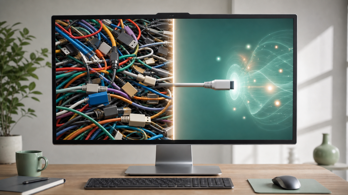A side-by-side comparison: on the left many mismatched API cables tangled together, on the right one clean standardized MCP port feeding an AI assistant