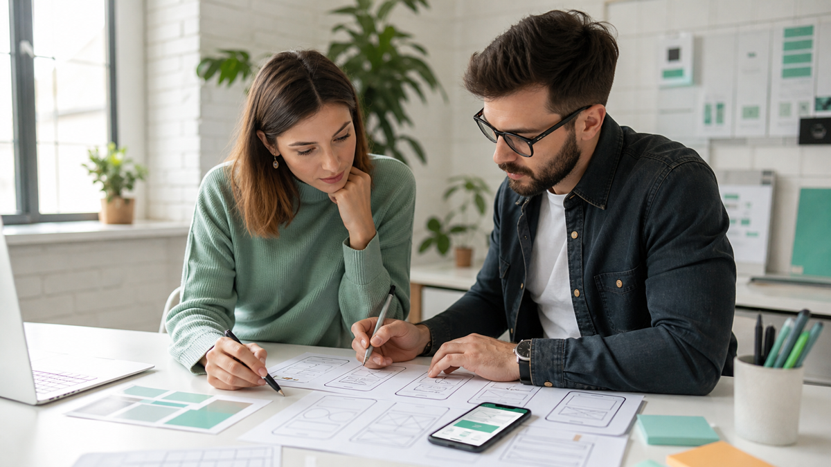 A designer and developer reviewing app wireframes and a phone prototype together