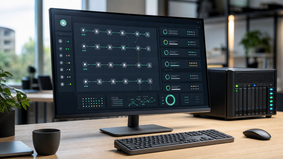 A dashboard of connected automation workflows running on a self-hosted server