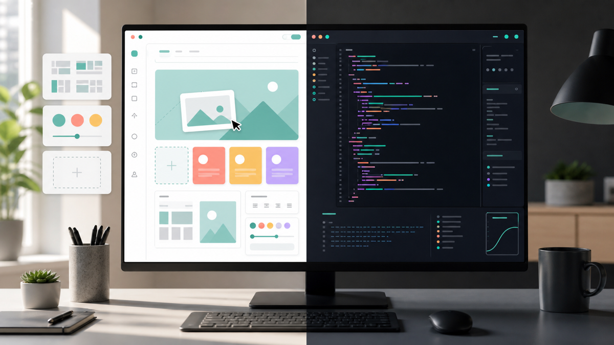 A split comparison of a visual app builder interface and a code editor side by side