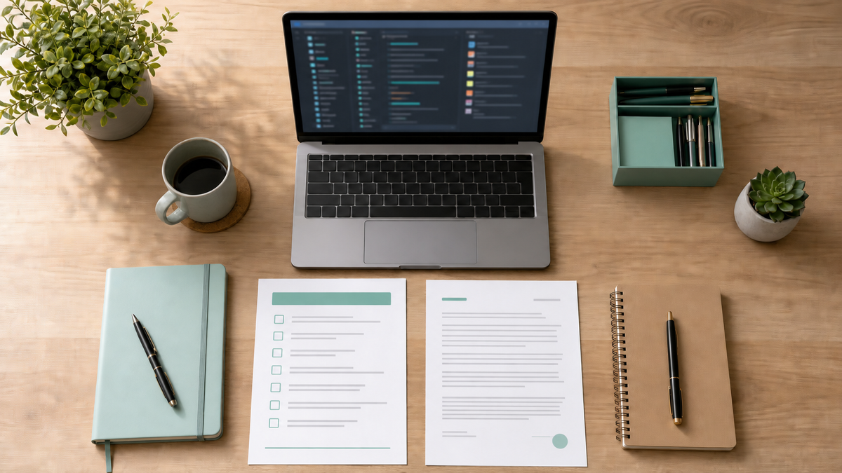 A checklist and contract laid out beside a laptop showing a code repository