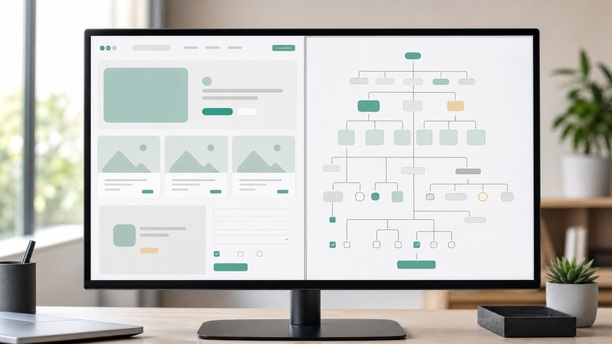 A split screen showing a rendered web page beside its structured accessibility tree of buttons and fields
