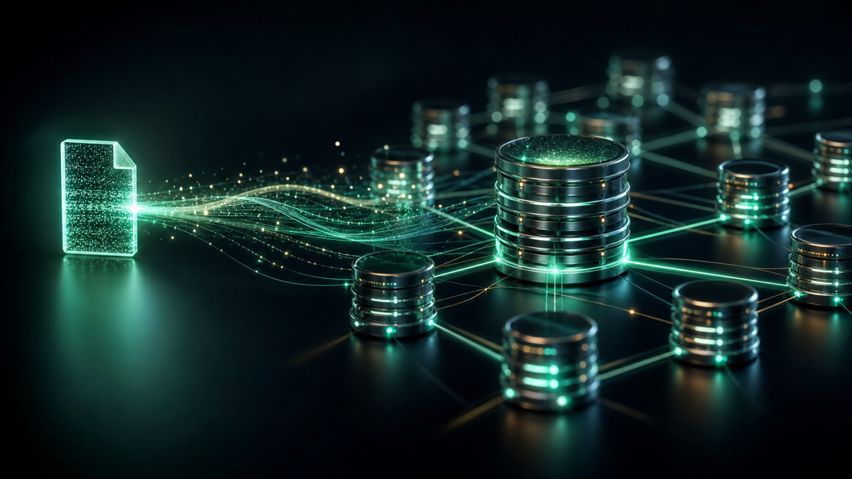 A concept image of data migrating from a single file to a managed database cluster