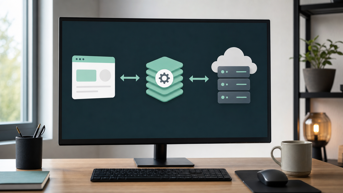 A service worker caching diagram shown on a developer's monitor