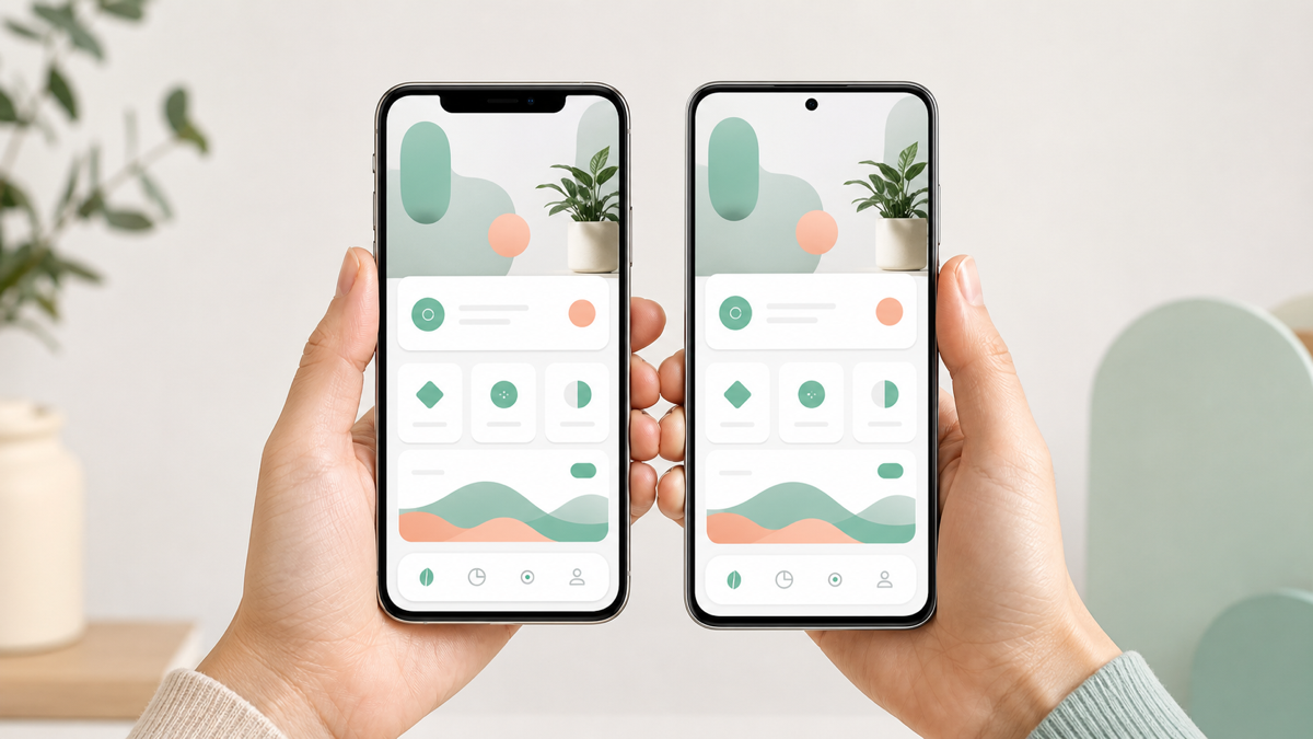 A React Native codebase rendering as a polished app on both an iPhone and an Android device
