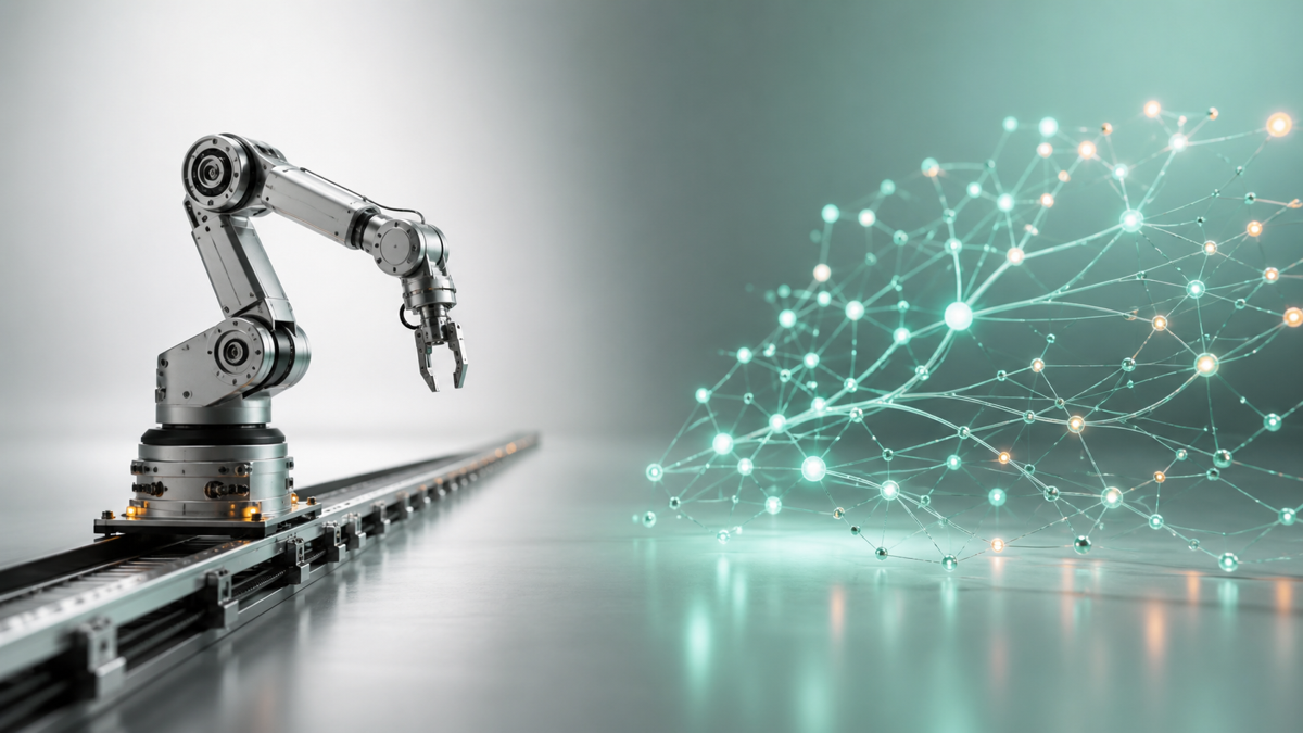 A software robot following a fixed path beside an AI agent reasoning across several tools
