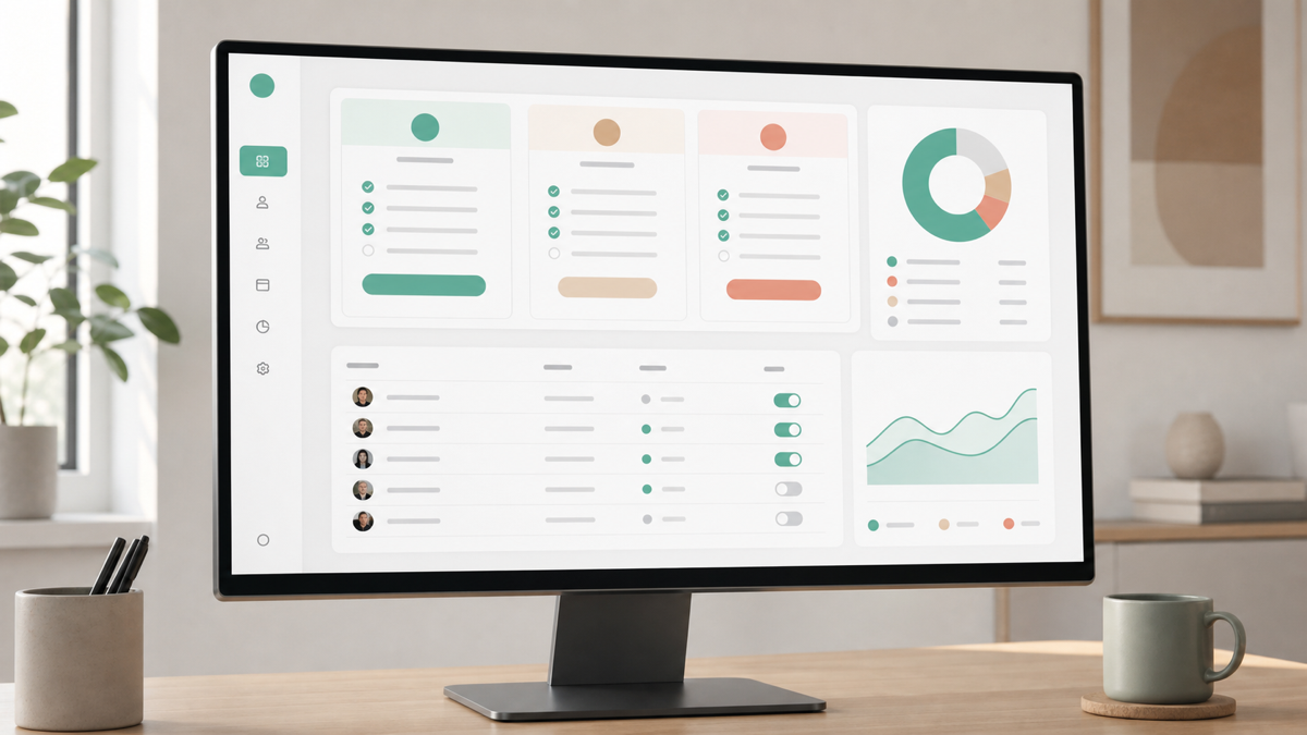 A SaaS product dashboard with subscription plans and user management shown on a monitor