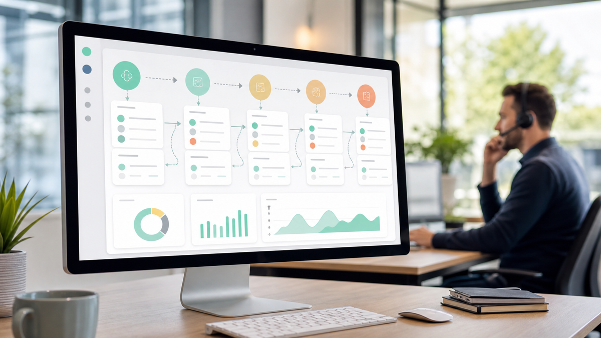 A sales pipeline dashboard showing automated tasks flowing while a rep focuses on a call