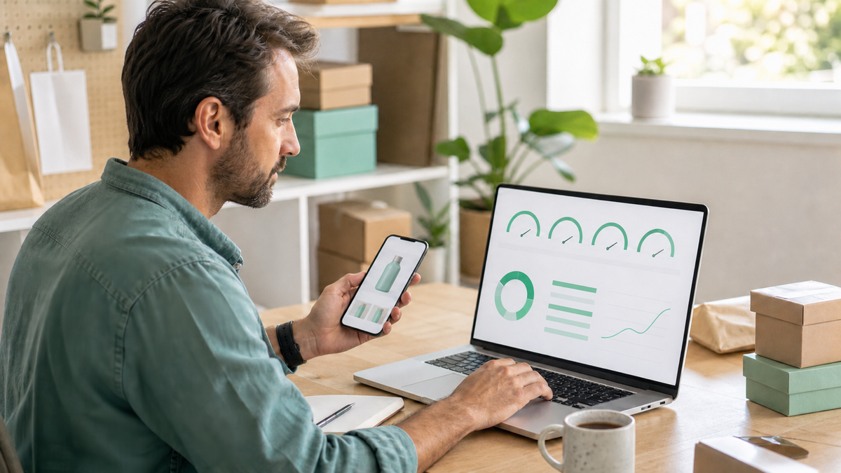 A Shopify store owner reviewing a product page speed report on a laptop and phone