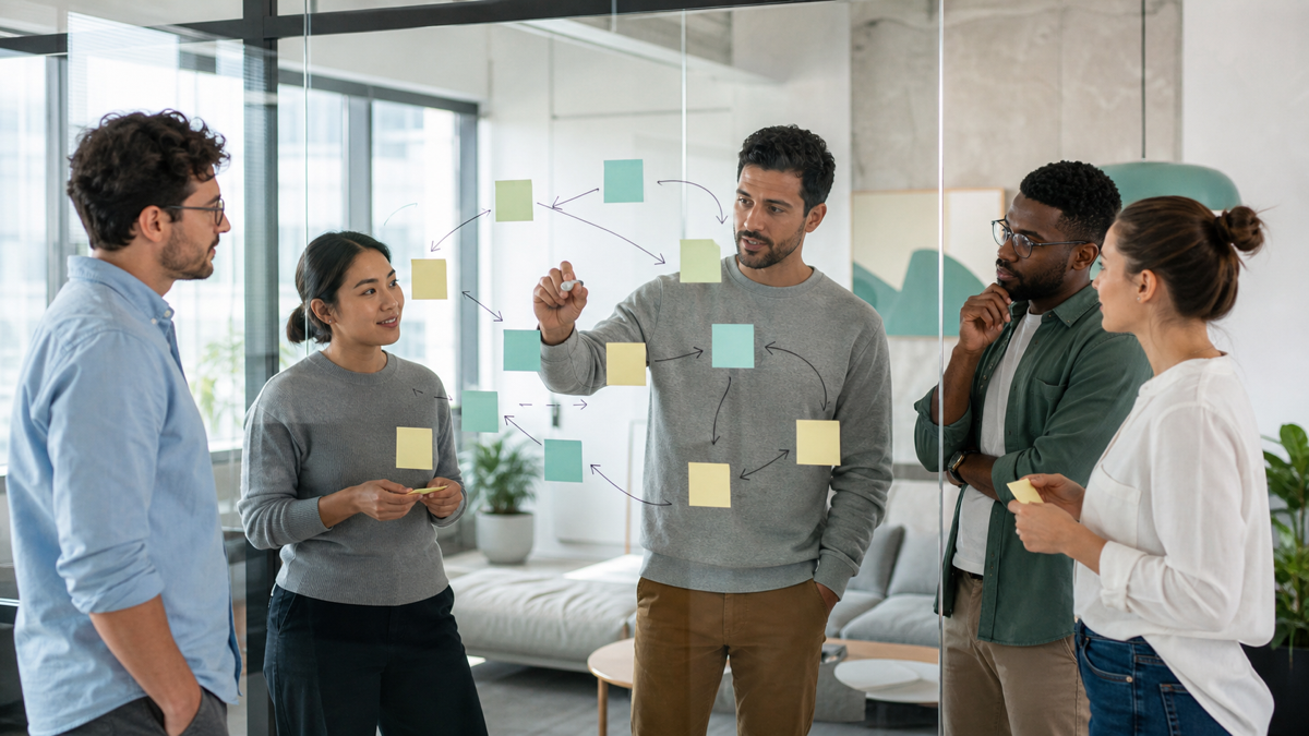 A founder and a small team mapping an MVP feature set on a whiteboard