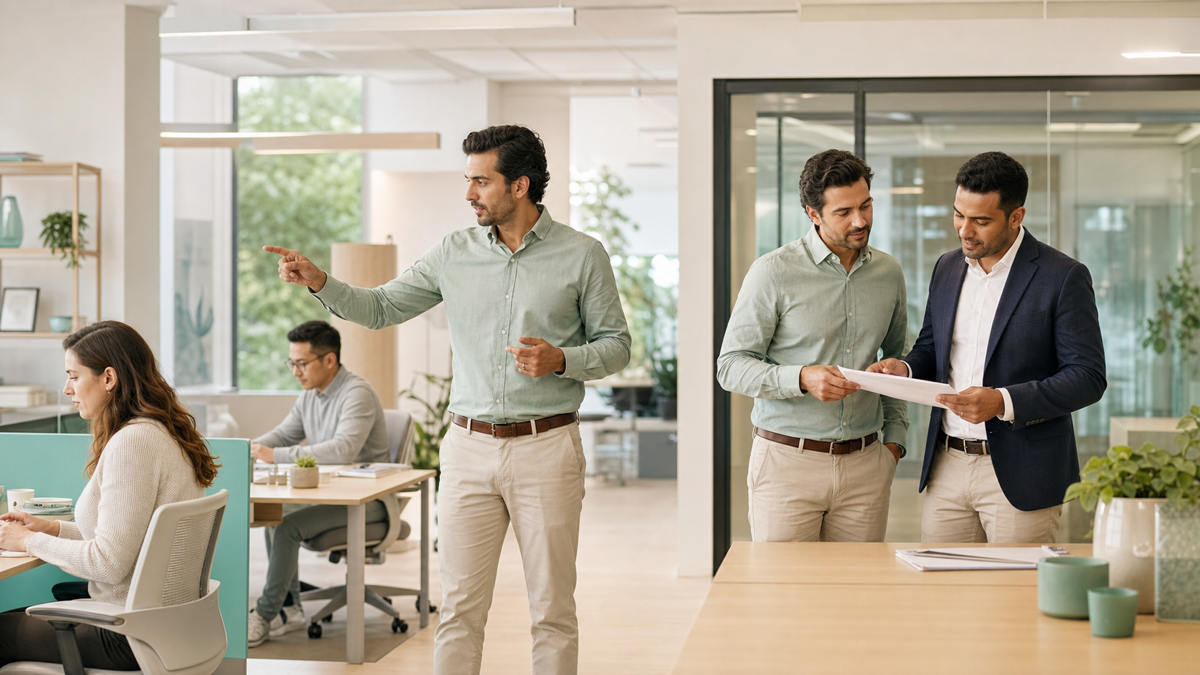 A split scene showing a founder directing individual developers on one side and reviewing delivered milestones with a vendor on the other