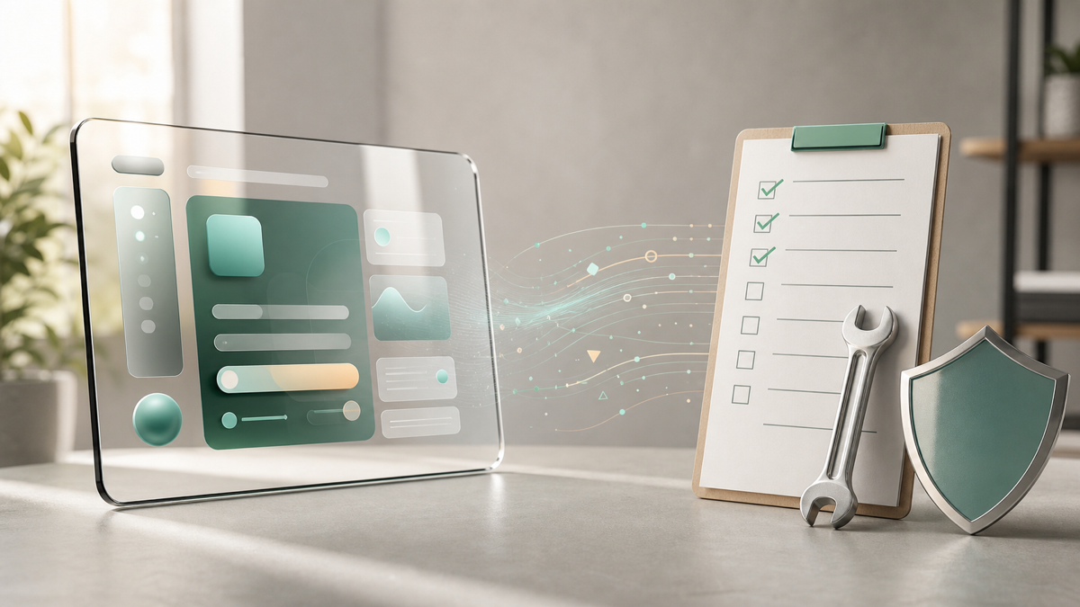 A polished app prototype beside a checklist of production hardening tasks