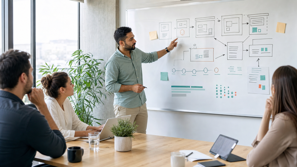 A team mapping features and budget for a web application on a whiteboard