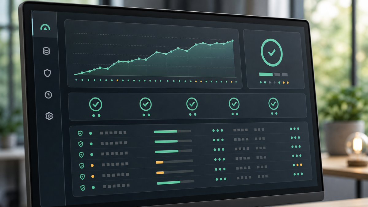 A maintenance dashboard showing uptime, backup status, and security update logs