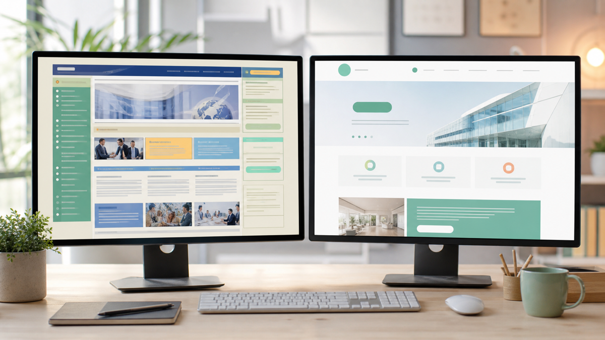 A designer comparing an old website layout with a new modern redesign on two screens