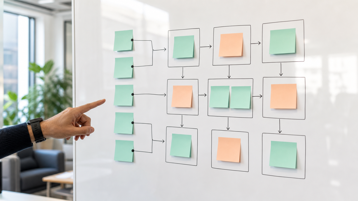 A security checklist mapped against application components on a whiteboard