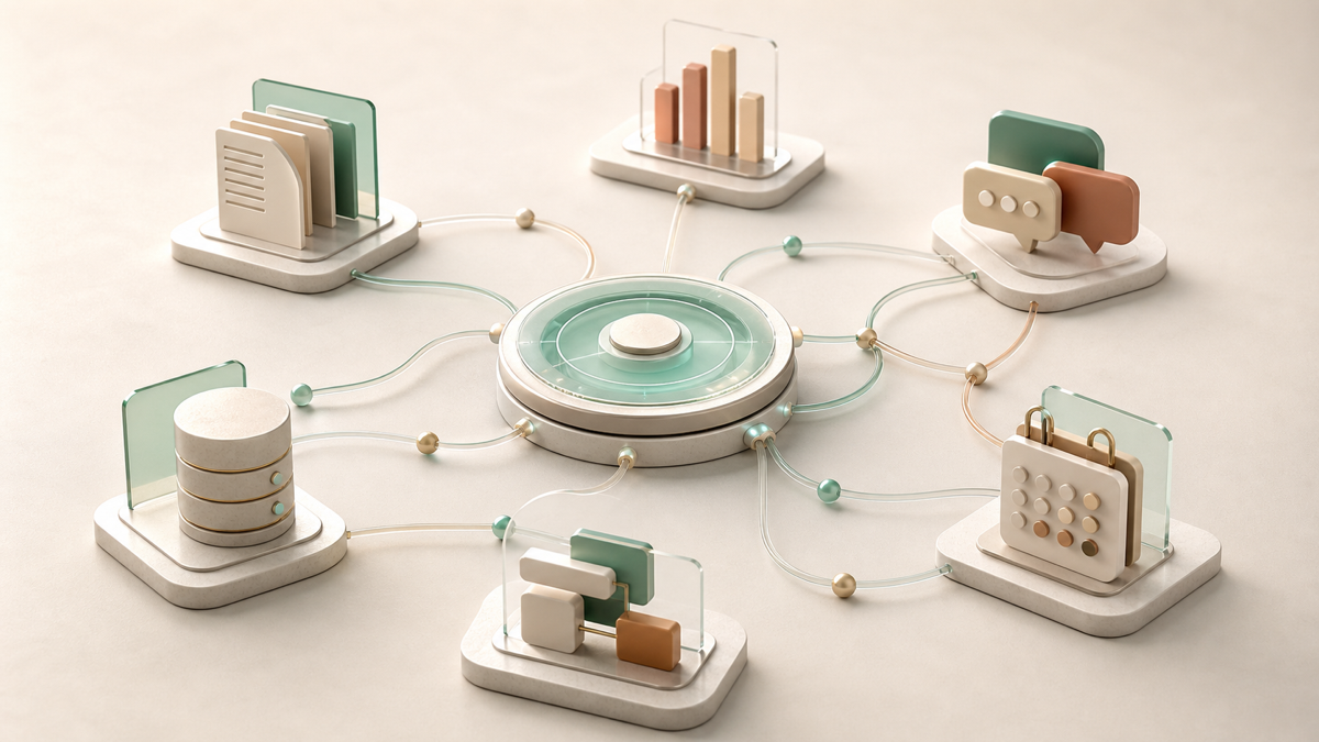A workflow diagram showing business tools connected through an automation layer