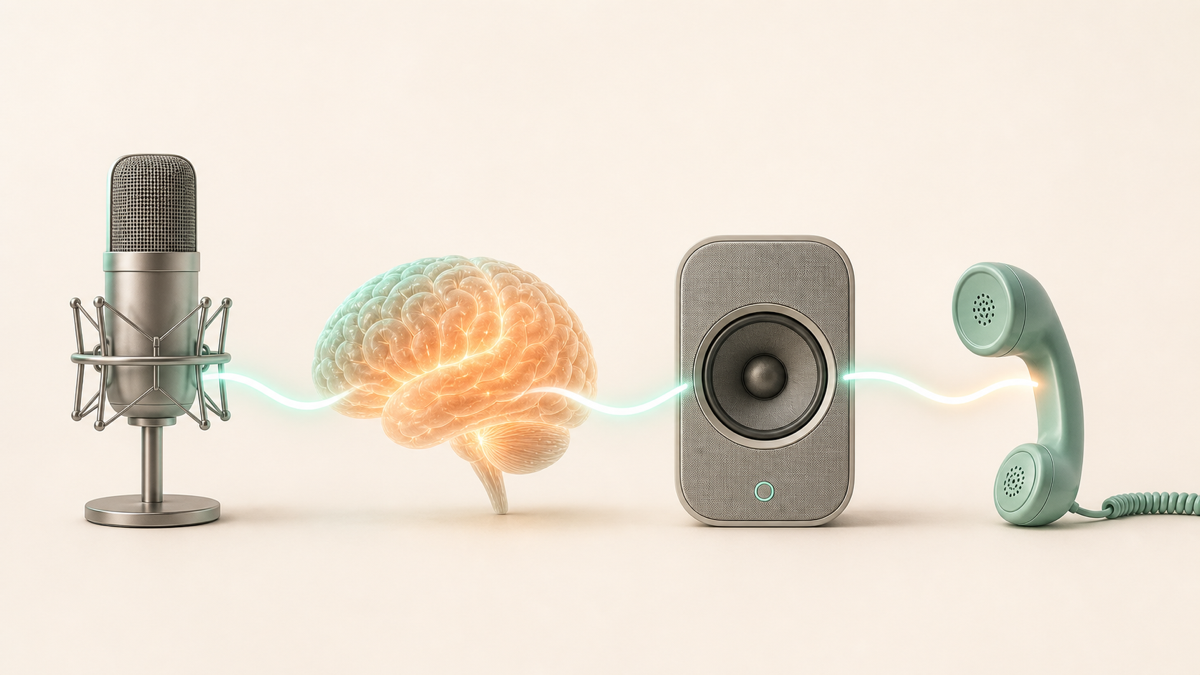 A simple diagram of speech-to-text, an AI brain, text-to-speech, and a phone line working together