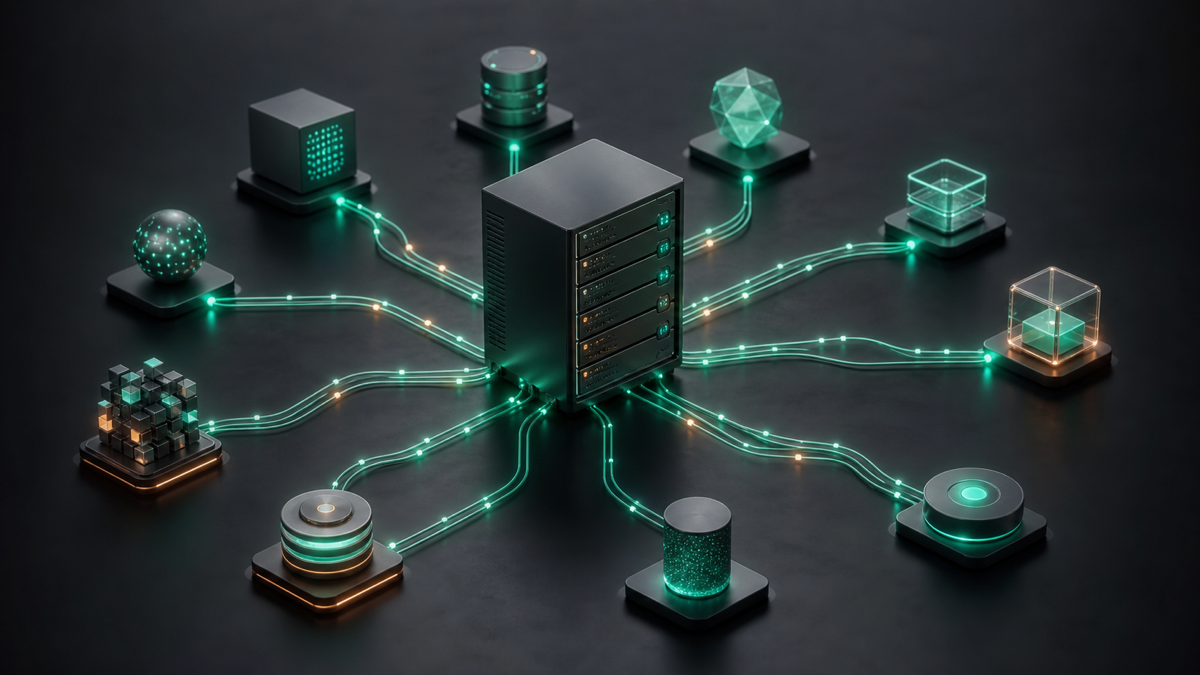 A visual automation canvas with connected nodes moving data between apps