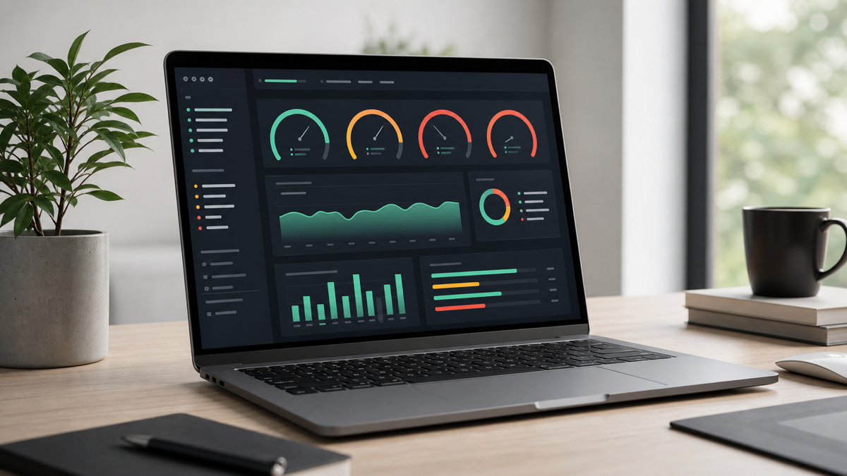 A performance audit report on a laptop screen showing Core Web Vitals scores