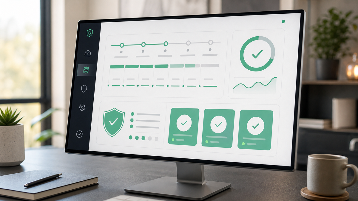 A dashboard showing website backups, uptime monitoring, and security scan results