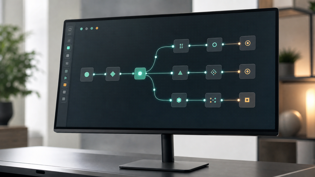 A workflow canvas with branching automation nodes on a monitor